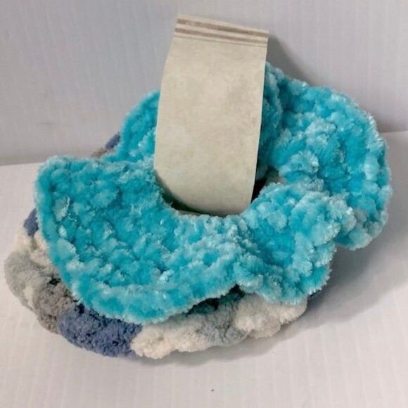 Fuzzy Chenille Scrunchies Camouflage Camo Blue Gray White and Teal NEW Set of 2 - Picture 3 of 8